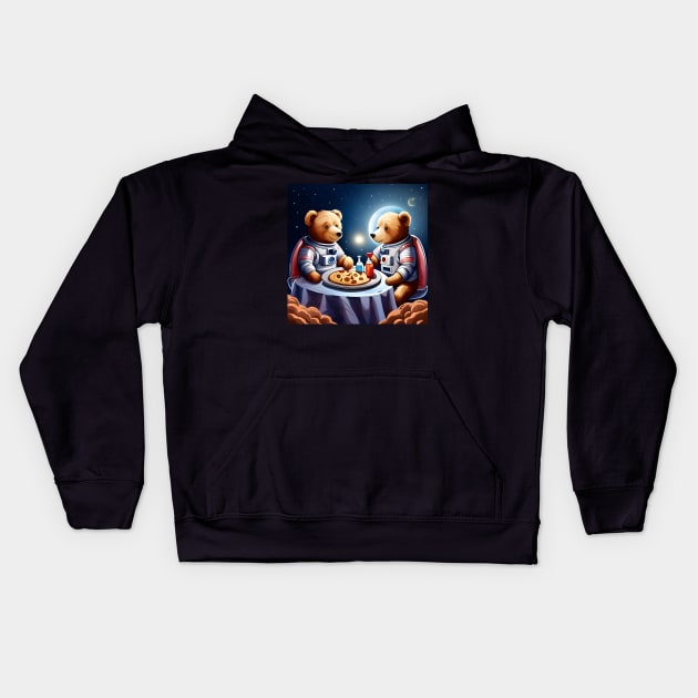 Two Teddy's in space suits having a romantic dinner on the Moon Kids Hoodie by Colin-Bentham